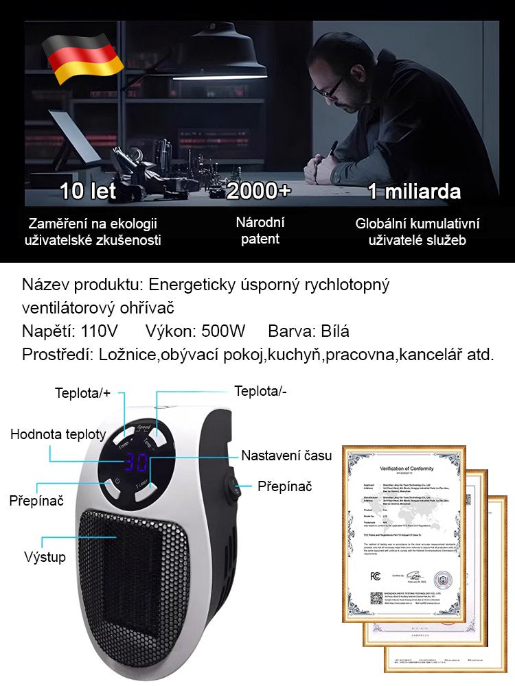 Úsporný rychlohřívací teplovzdušný ventilátor